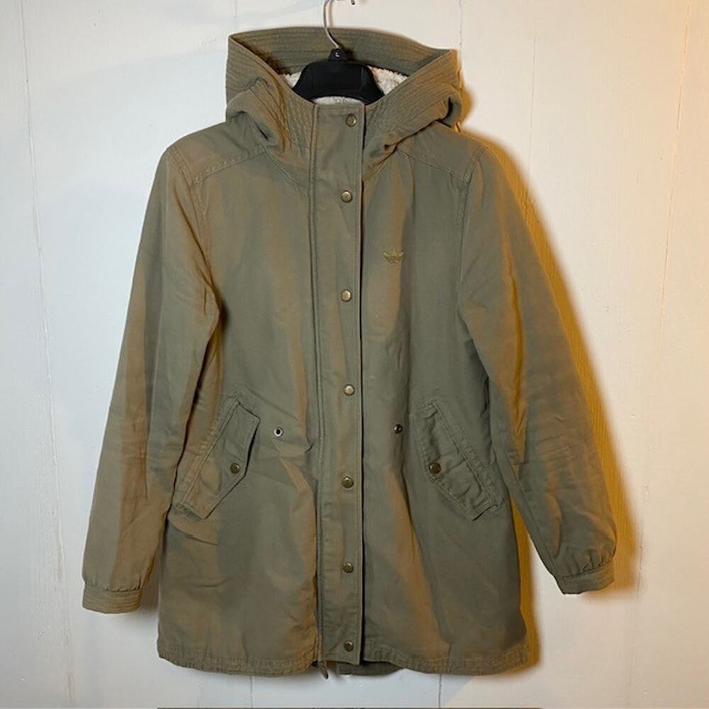 ADIDAS Green Canvas Sherpa Lined Hooded Winter Coat Parka Womens Small
